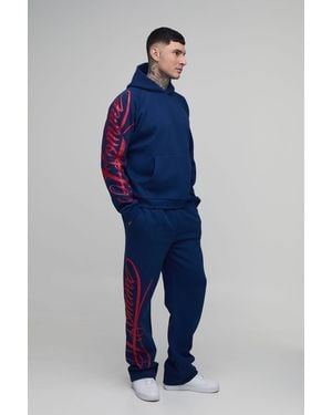 BoohooMAN Tall Oversized Boxy Homme Script Hoodie And Relaxed Split Hem Jogger Tracksuit - Blue