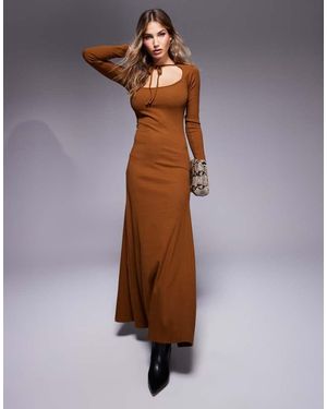 ASOS Ribbed Long Flare Sleeve Tie Neck Maxi Dress - Brown