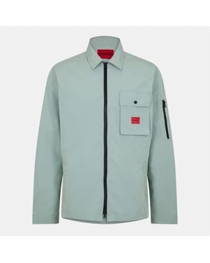 HUGO Emmond Cotton Long Sleeve Zip Overshirt Contemporary Design With Logo Detail - Green