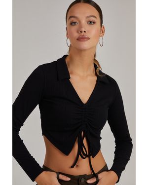 Pink Vanilla Long Sleeve Gathered Rib Top - Black