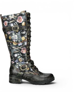 Laura Vita Victorian Floral Leather High Lace-Up Long Boots - Black