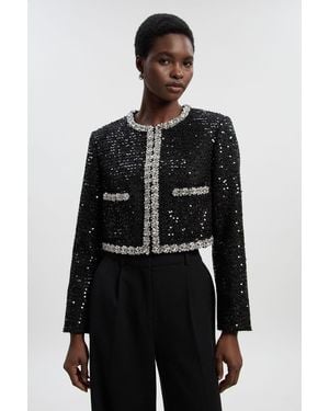 Karen Millen Sequin Tweed Embellished Cropped Tailored Jacket - Black