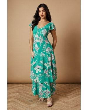 Oasis Floral Printed Chiffon Ruffle Tiered Maxi Dress - Blue