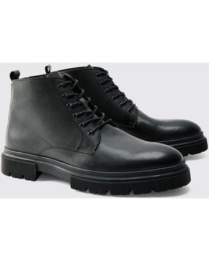 BoohooMAN Real Patent Leather Lace Up Chunky Boot - Black