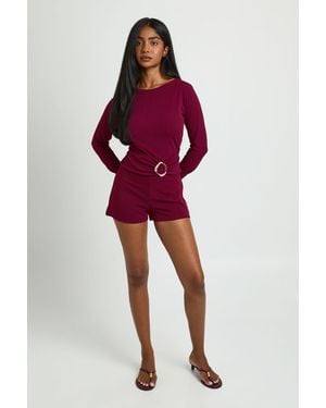 Boohoo Slash Neck Trim Waist Detail Playsuit - Red