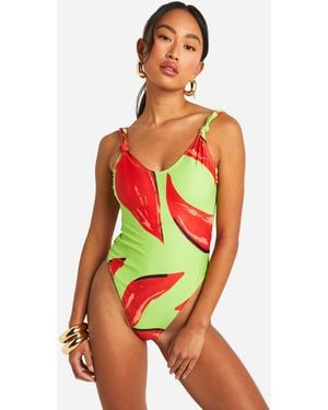 Boohoo Floral Knotted Plunge Swimsuit - Red