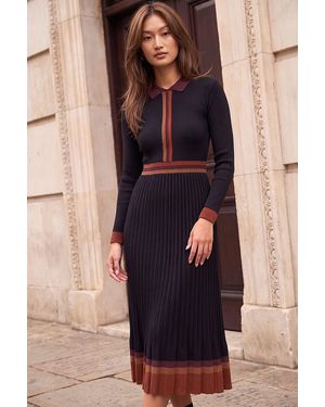 Roman Contrast Pleated Knit Dress - Black