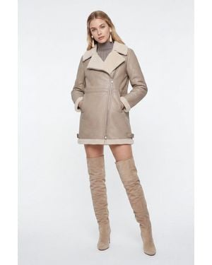 Elle Keira Longline Faux-Shearling Biker Coat - Natural
