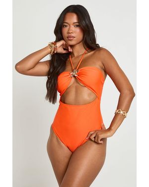 Boohoo Starfish Trim Cut Out Halter Neck Swimsuit - Orange
