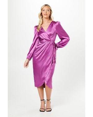 Debut London By Coast Satin Long Sleeve Wrap Midi Dress - Pink