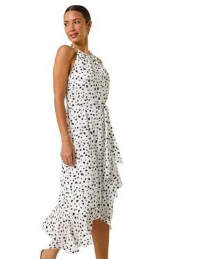 Roman Spot Print Frill Hem Halter Dress - White