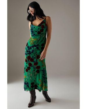 Warehouse Premium Burnout Cowl Neck Strappy Midi Slip Dress - Green