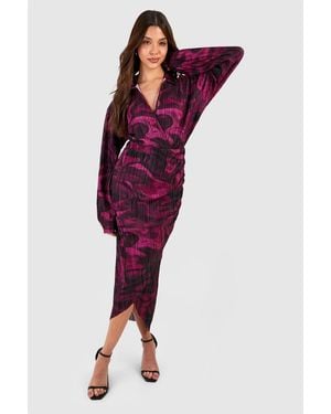 Boohoo Abstract Plisse Wrap Midi Dress - Purple
