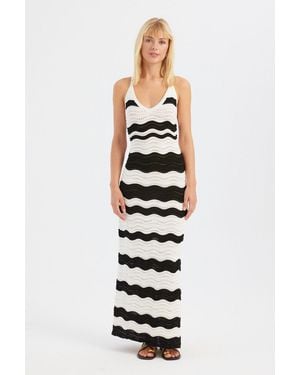 Hiccup Striped V Neck Side Slit Maxi Dress - White