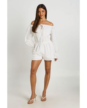 Boohoo Broderie Bardot Volume Sleeve Playsuit - White