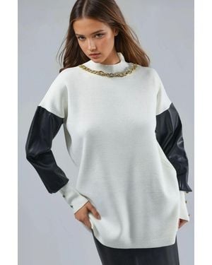 My Fashion Faux Leather Detailed Jumper - Grey
