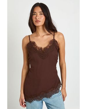 Boohoo Lace Trim Chiffon Asymmetric Cami Top - Brown
