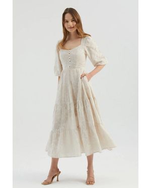Hiccup Embroidered Sweetheart Neck Tiered Maxi Dress With A Puff Sleeves - Natural