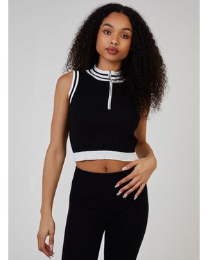 Pink Vanilla Half Zip Striped High Neck Sleeveless Crop Top - Black