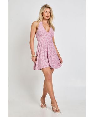 Boohoo Burnout Floral Halterneck Smock Dress - Pink
