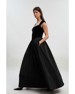 Karen Millen Petite Velvet Sleeveless Body With Taffeta Drop Waist Maxi Dress - Black