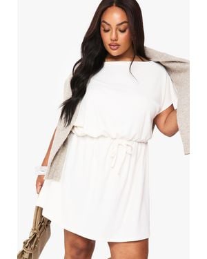 Boohoo Plus Rib Off Shoulder Tie Waist Mini Dress - White