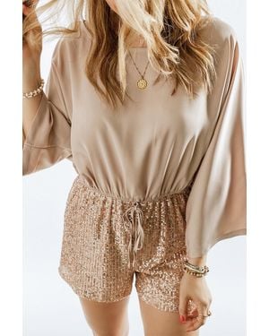 Everyday the Label Khaki Sequin Patchwork Drawstring High Waist Romper - Brown