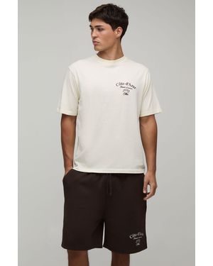 BoohooMAN Regular Fit Embroidered French Riviera T-Shirt & Fit Short Set - White