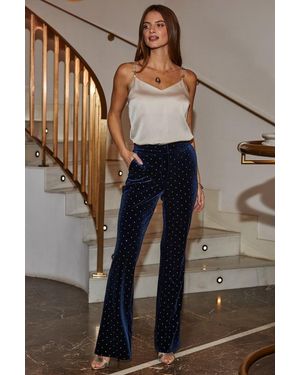 Sosandar Sapphire Velvet Sparkling Diamante Kick Flare Trousers - Blue