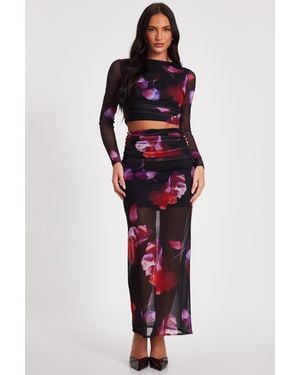 Quiz Floral Mesh Maxi Skirt - Red