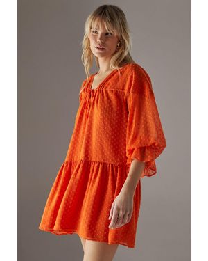 Warehouse Dobby Chiffon Volume Sleeve Smock Mini Dress - Red