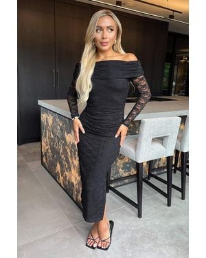 AX Paris Lace Bardot Long Sleeve Ruched Bodycon Midi Dress - Grey