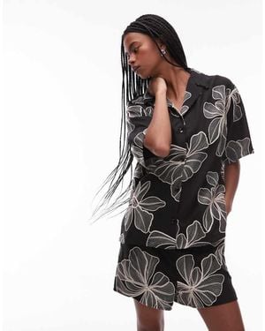 TOPSHOP Co-Ord Mono Floral Textured Resort Shirt - Black
