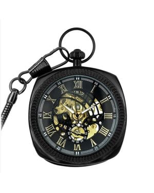 Infinity Leather Mechanical Vintage Skeleton Square Open-Face Pocket Watch - Black