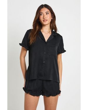 Boohoo Satin Frill Detail Short Sleeve Shirt & Pyjama Set - Black