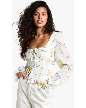 Boohoo Blurred Ditsy Floral Print Chiffon Balloon Milkmaid Top - White