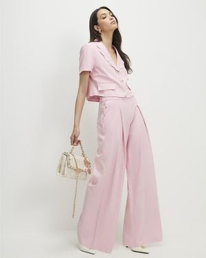 River Island Wide Leg Trousers Linen Blend Scalloped - Pink