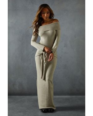 MissPap Knitted Bardot Wrap Front Midi Dress - Grey