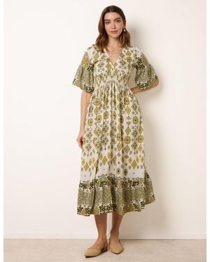 Blue Vanilla V Neck Border Print Dress - Natural