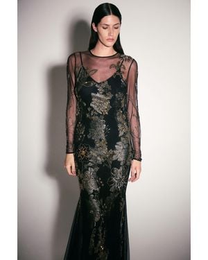 Karen Millen Floral Applique Embellished Metallic Georgette Woven Maxi Dress - Blue