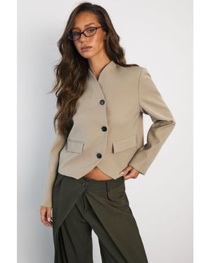 Boohoo High Neck Curved Boxy Blazer - Natural