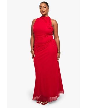 Boohoo Plus Mesh Ruched Maxi Dress - Red