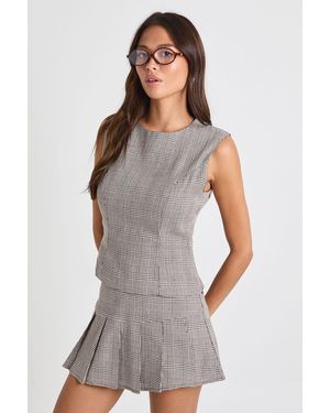 Boohoo Check Print Pleated Mini Skirt - Grey