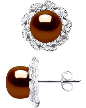 Diadema Stud Earrings Flower Beads Freshwater 8-9Mm Chocolate Buttons Jewellery 925 - Brown
