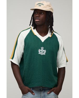 BoohooMAN Boxy Varsity Embroidered Raglan Knitted Polo - Green