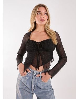 Pink Vanilla Glitter Long Sleeve Mesh Butterfly Top - Black