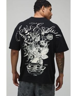 BoohooMAN Oversized Floral Over The Seams Print T-Shirt Cotton - Black
