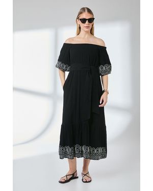 PRINCIPLES Crinkle Viscose Bardot Bubble Hem Midaxi Dress - Black