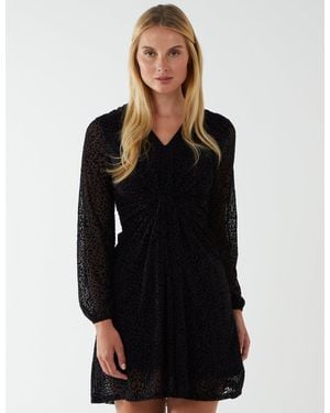 Blue Vanilla Leopard Print Flocked Knot Front Angel Sleeve Dress - Black