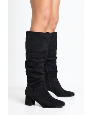 Boohoo Ruched Block Heel Knee High Boots - Black
